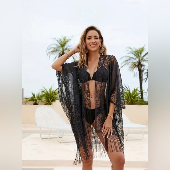 New Boho Solid Black Tassel Embroidered Sheer Kimono Festival Beach Cover Up NWT - Picture 9 of 16